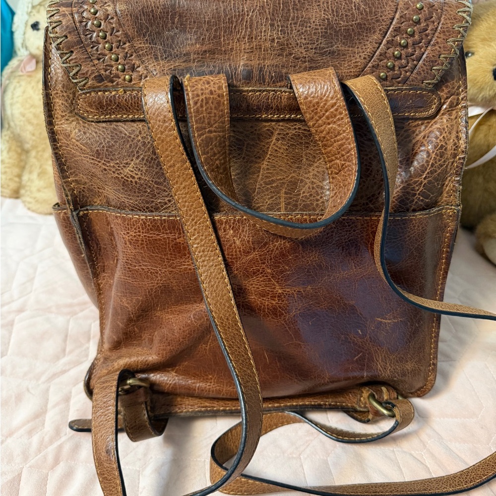 Patricia Nash Brown distressed Leather Tassel Backpack with Floral Embossing - Picture 3 of 6
